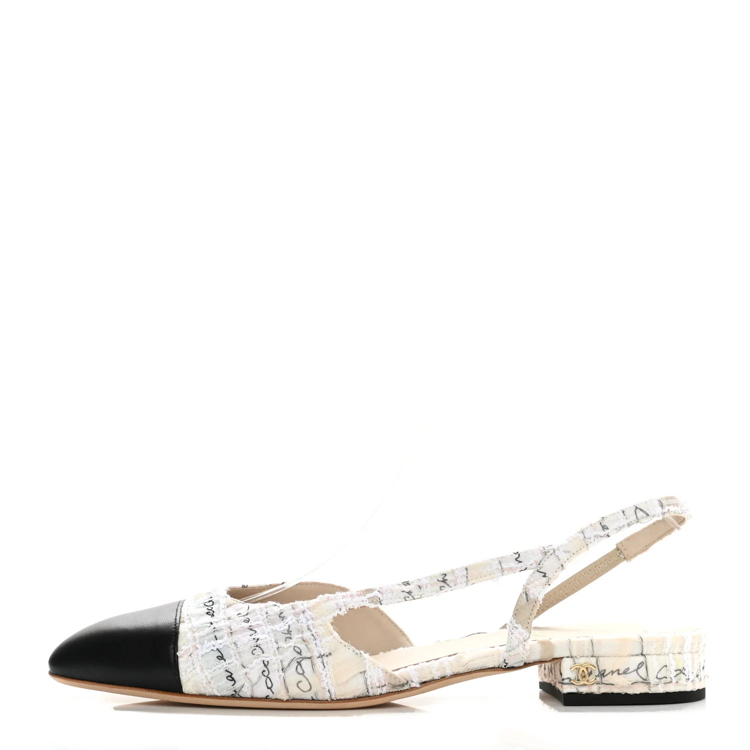 CHANEL Tweed Lambskin Cap Toe CC Slingback Flat 40 Light Pink Beige Ecru Black | FASHIONPHILE (US)