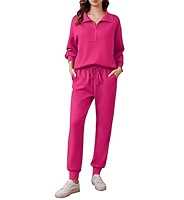 PINSPARK 2 Piece Sets for Women 2025 Fall Travel Outfits Long Sleeve Tracksuit Joggers Sets Half ... | Amazon (US)