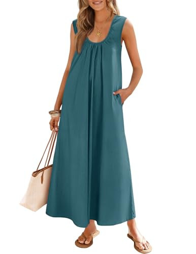 MEROKEETY Women's Summer Boho Maxi Dress 2026 Ruched Beach Vacation Sundresses Sleeveless Loose Tank Dress, Teal, Small | Amazon (US)