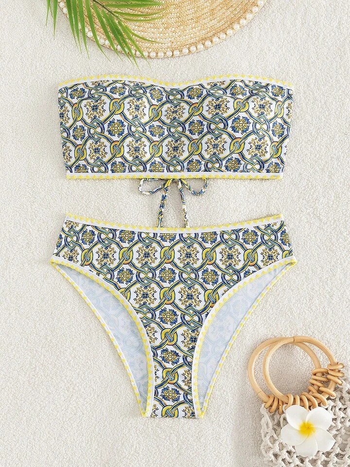 SHEIN X Whitebread Allover Print Bandeau Bikini Swimsuit | SHEIN