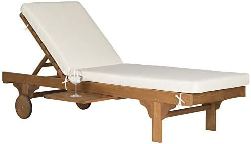 SAFAVIEH Outdoor Collection Newport Natural/ Beige Cushion Built-in Side Table Adjustable Chaise Lou | Amazon (US)