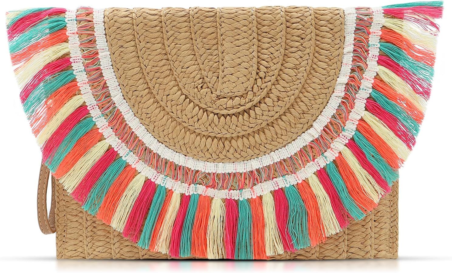 Bohemian Beach Bag, Crossbody Bags for Women, Colorful Tassels Straw Clutch Purses, Handmade Wove... | Amazon (US)