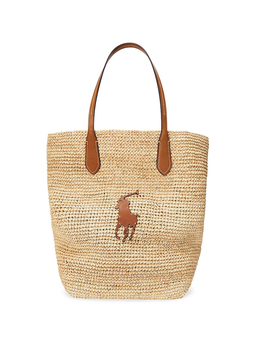 Women's Large Polo Raffia & Leather Tote Bag - Sand Beige Ivory | Saks Fifth Avenue
