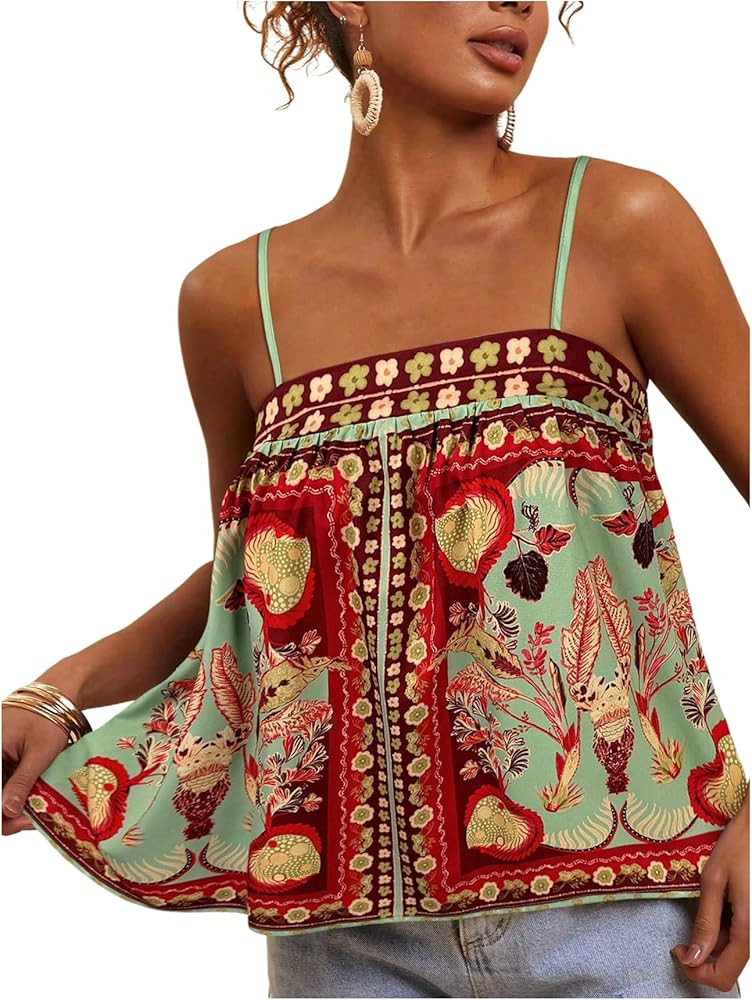 SOLY HUX Women's Boho Printed Camisole Spaghetti Strap Flared Cami Tops Beach Vacation Clothes | Amazon (US)