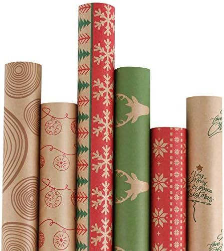 RUSPEPA Christmas Wrapping paper - Brown Kraft Paper with Red and Green Pattern For -Christmas El... | Amazon (US)