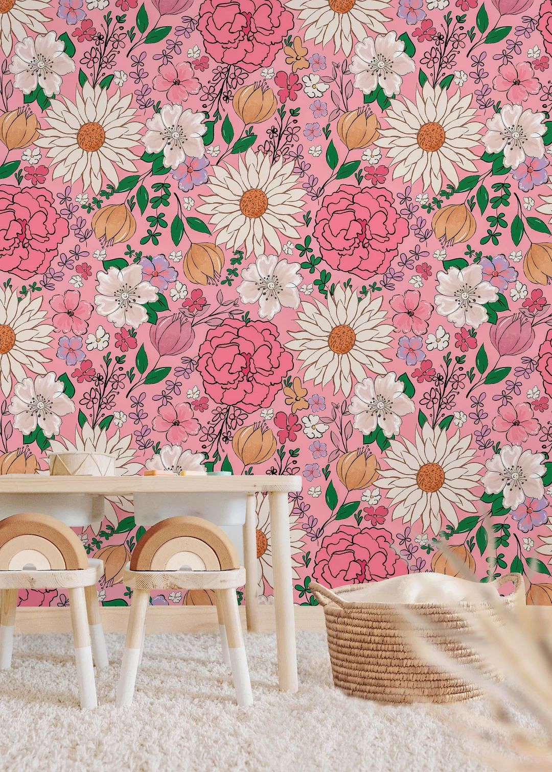 Vintage Pastel Pink Floral Wallpaper Girls Nursery Wallpaper Kids Wallpaper Childrens Wallpaper P... | Etsy (US)