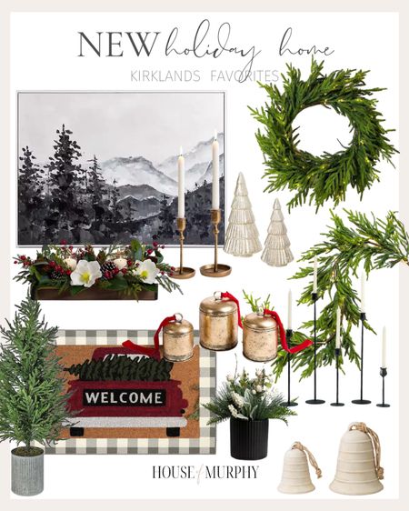 Here are my holiday favorites from Kirklands!  Lit Norfolk garland and wreath, taper candle holders, welcome doormat, brass bells, magnolia with berries centerpiece, Mercury glass trees, ceramic bells

#LTKhome #LTKHolidaySale #LTKHoliday