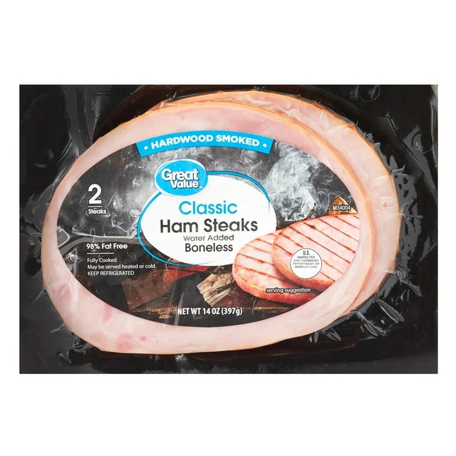 Great Value, Pork, Boneless, Cooked, Smoked, Ham Steaks, 2 Pack, 14 oz Sealed Plastic Package | Walmart (US)