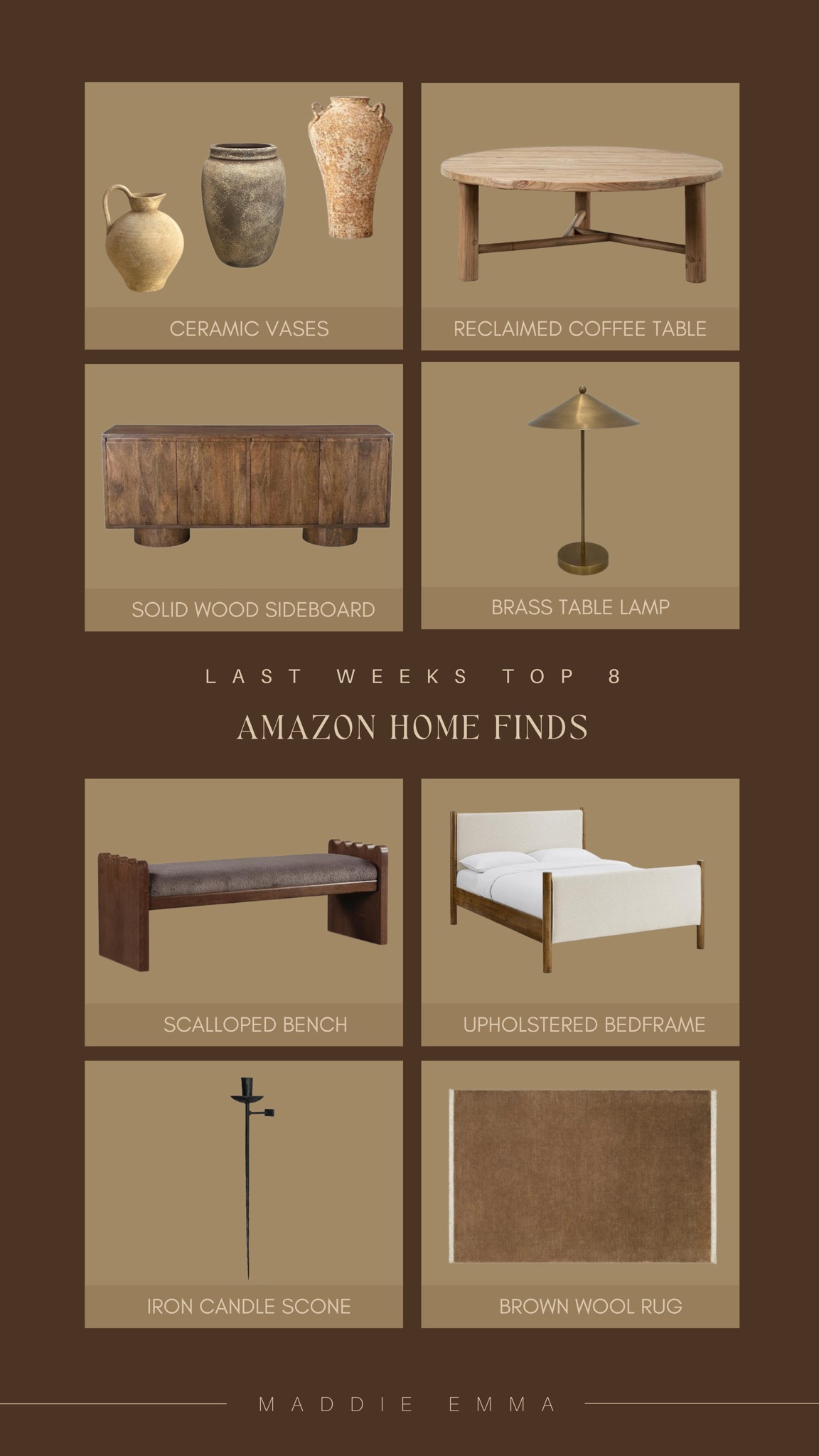 last weeks top 8 amazon home finds! 

solid wood sideboard, brown wool rug, upholstered bedframe, scalloped bench, iron candle sconce, ceramic vase

#LTKHome
