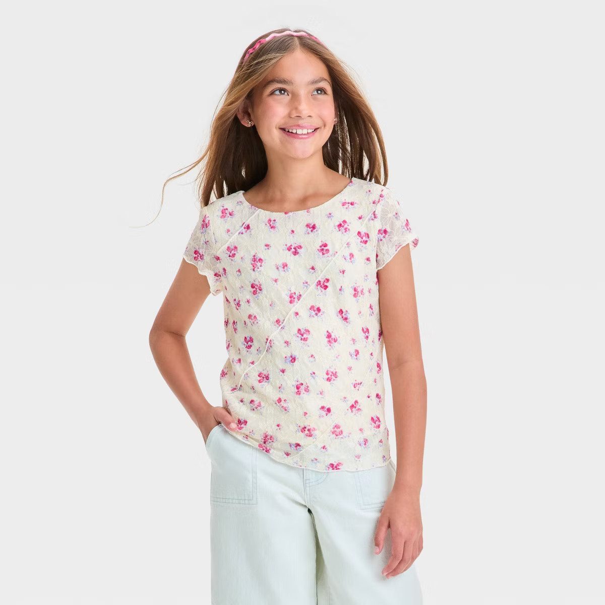 Girls' Short Sleeve Lace T-Shirt - art class™ M | Target