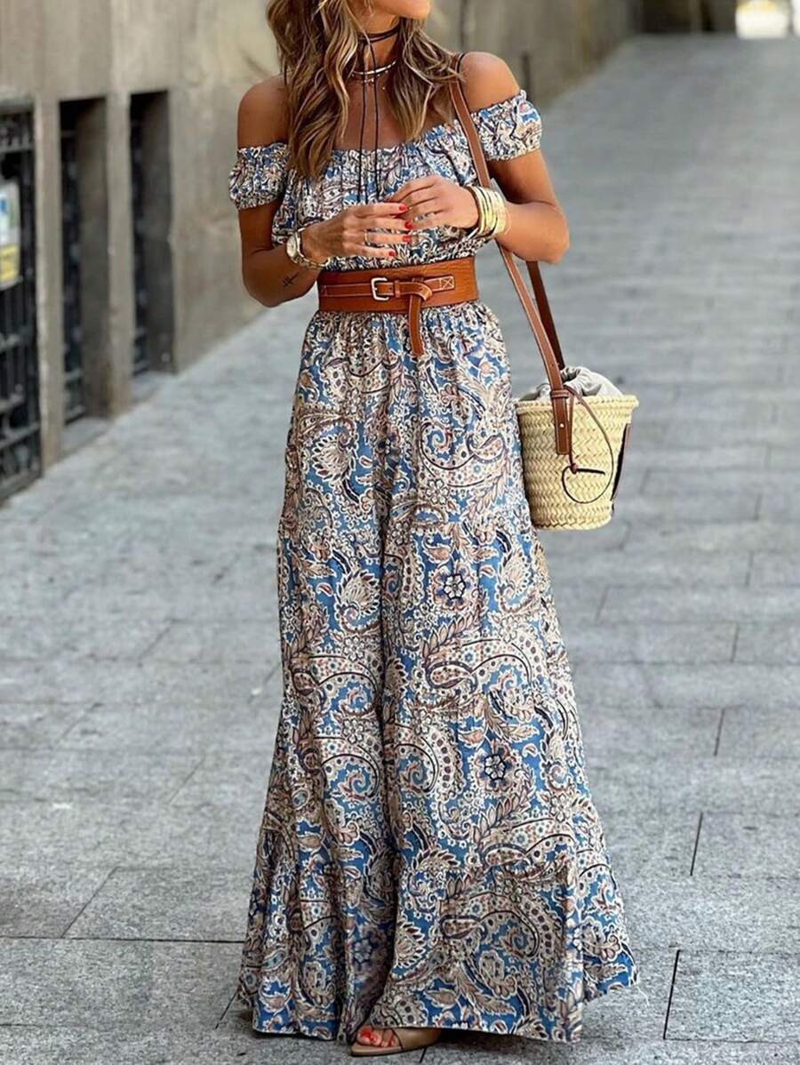 SHEIN Frenchy Summer Holiday Bohemian Long Dress With Paisley Print And Off Shoulder Design | SHEIN