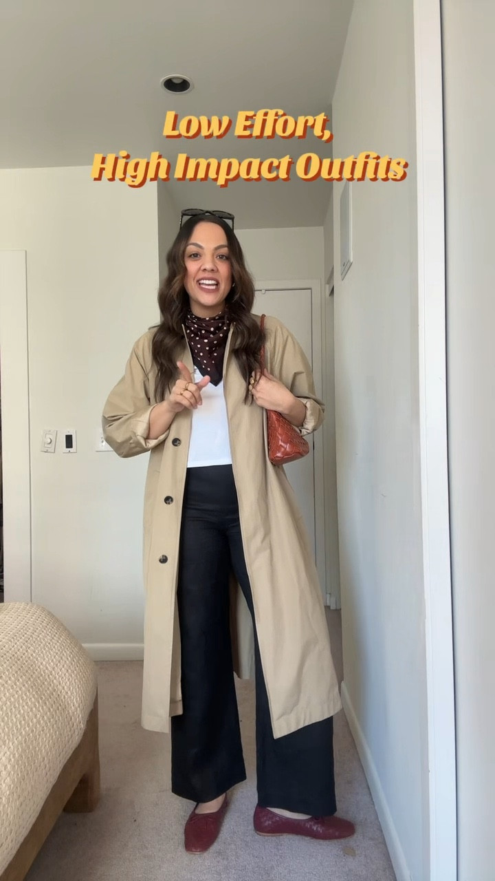 Some low effort, but high impact outfits!

Outfit 1:
-Reformation black linen pants, I have a size 8. Similar options also linked.
-Aritzia white T-shirt, I have a size large.
-Aritzia beige Mac coat, I have a size medium.
-Quince burgundy woven ballet flats.
-Anthropologie woven bag.
-Zara brown polkadot scarf.

Outfit 2:
-Sézane chartreuse jacket, I have a size 8.
-Aritzia black lace-trimmed midi dress, I have a size large.
-Zara black flip-flops.
-Madewell olive green woven bag.

Outfit 3:
-Cropped trenchcoat, similar options linked.
-Zara burgundy polka dot top, I have a size medium.
-Citizens of Humanity baggy medium wash jeans, I have a size 29.
-Quince brown woven tote bag.

Sunglasses in all outfits are the Celine Triomphe rounded sunglasses in black acetate  
￼

#LTKjeans #LTKcanada #LTKstyletip