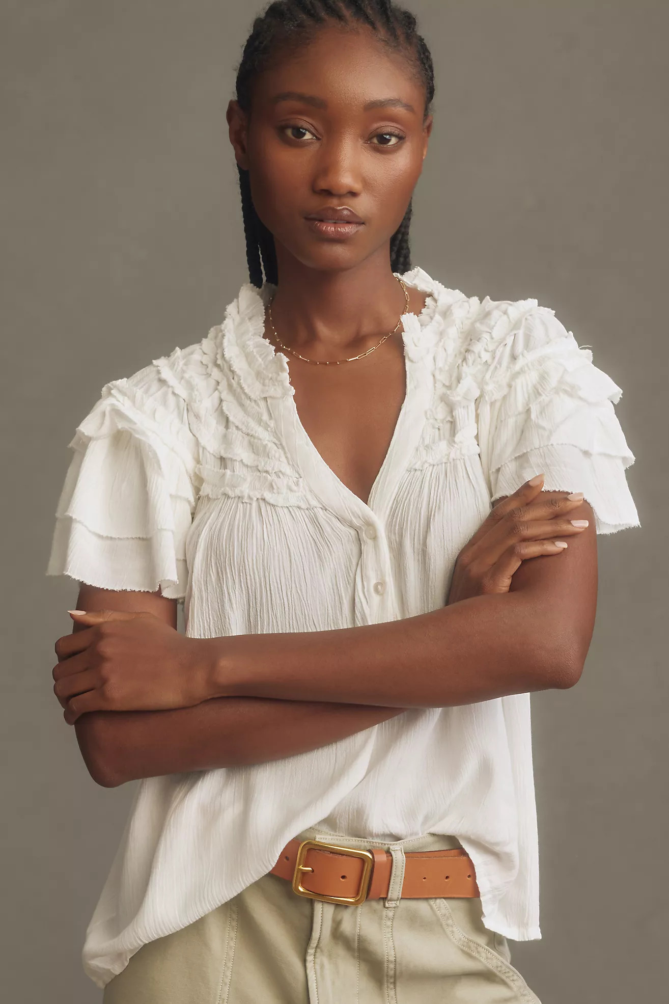 Maeve Short-Sleeve Ruffle Yoke Blouse | Anthropologie (US)