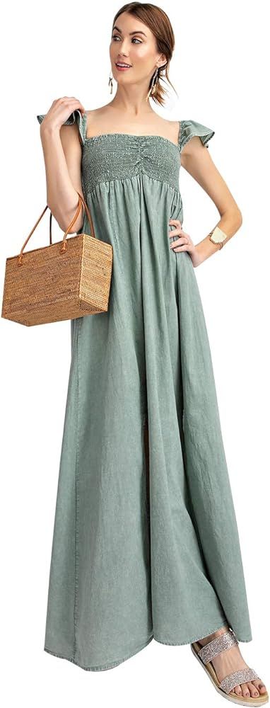 Anna-Kaci Ruffled Cap Sleeve Smocked Ruche Bodice Front Slit Maxi Long Beach Vacation Dress | Amazon (US)