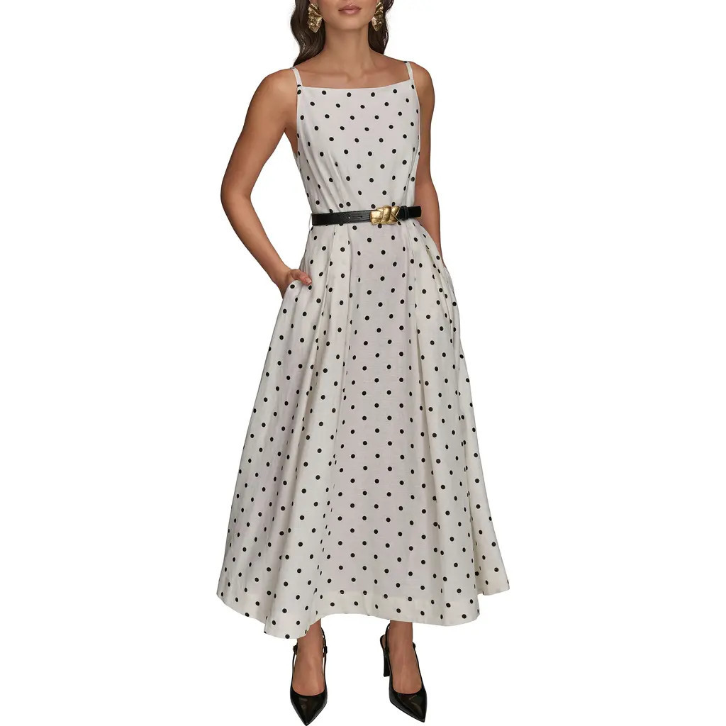 Donna Karan New York Polka Dot Belted Linen Blend Midi Dress in Cream/Black at Nordstrom, Size 10 | Nordstrom