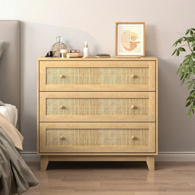 FANRAL Rattan Large Nightstand,27.6"H Wood Tall Night Stand,Wide Modern 3 Drawers,Boho Bedside Ta... | Walmart (US)
