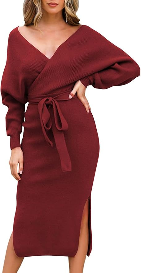 VamJump Women's V Neck Sweater Dress Casual Batwing Sleeve Wrap Front Backless Tie Waist Bodycon ... | Amazon (US)