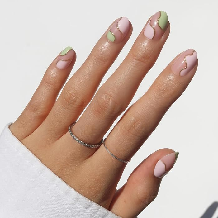 Glamnetic Press On Nails - Short Oval Fake Nails, Pink & Green Swirl Nails with Gold Foil Accents... | Amazon (US)