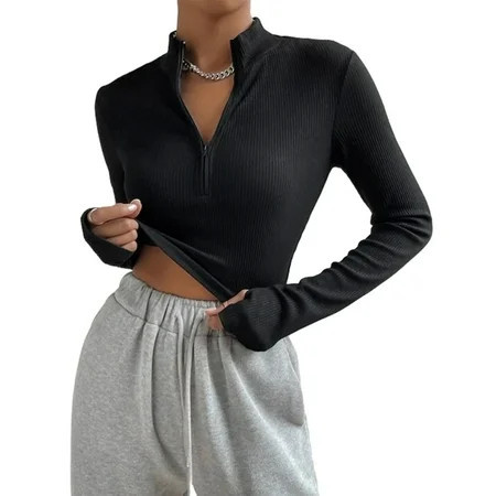 Women s Long Sleeve Round Neck Ribbed Fitted Crop Top Tee Shirt Zipper Top Solid color long sleeved T-shirt Black-S | Walmart (US)