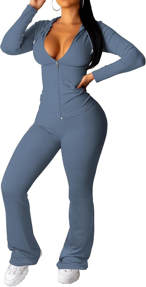 PINSV Women 2 Piece Outfits Workout Bodycon Tracksuit Long Sleeve Zip Up Hoodie Jacket Matching F... | Amazon (US)