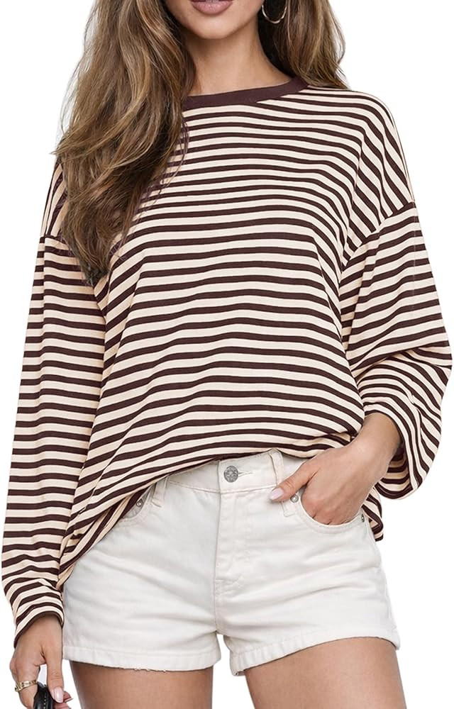 CHYRII Women Oversized Striped Long Sleeve T Shirt Fashion 2026 Crewneck Casual Fall Spring Tops ... | Amazon (US)
