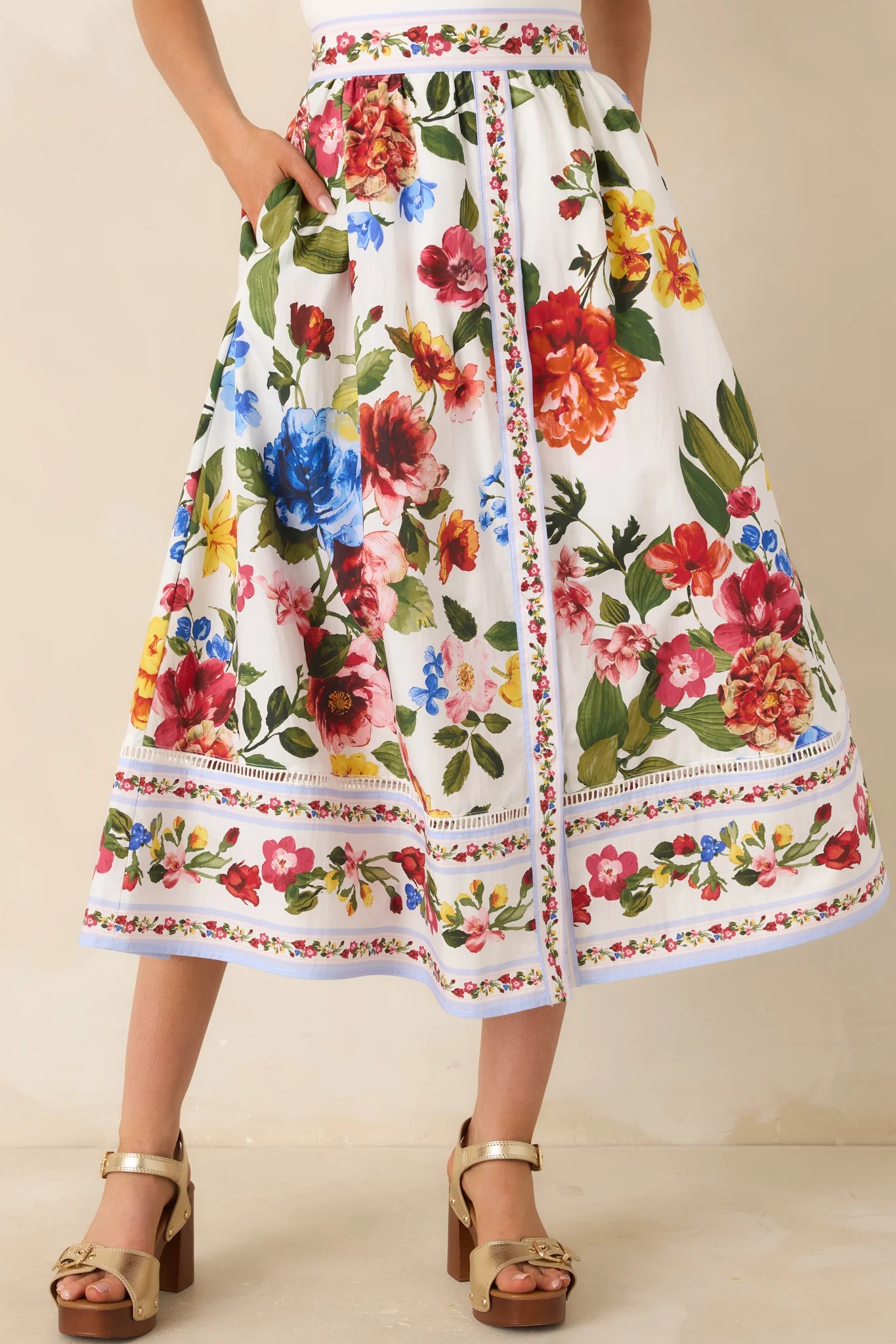 Painted Garden Ivory Multi Floral Cotton Midi Skirt | Red Dress