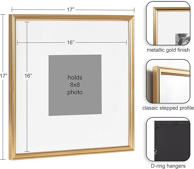 Kate and Laurel Adlynn Square Picture Frame Set of 3, 16 x 16 matted to 8 x 8, Gold, Modern Three... | Amazon (US)