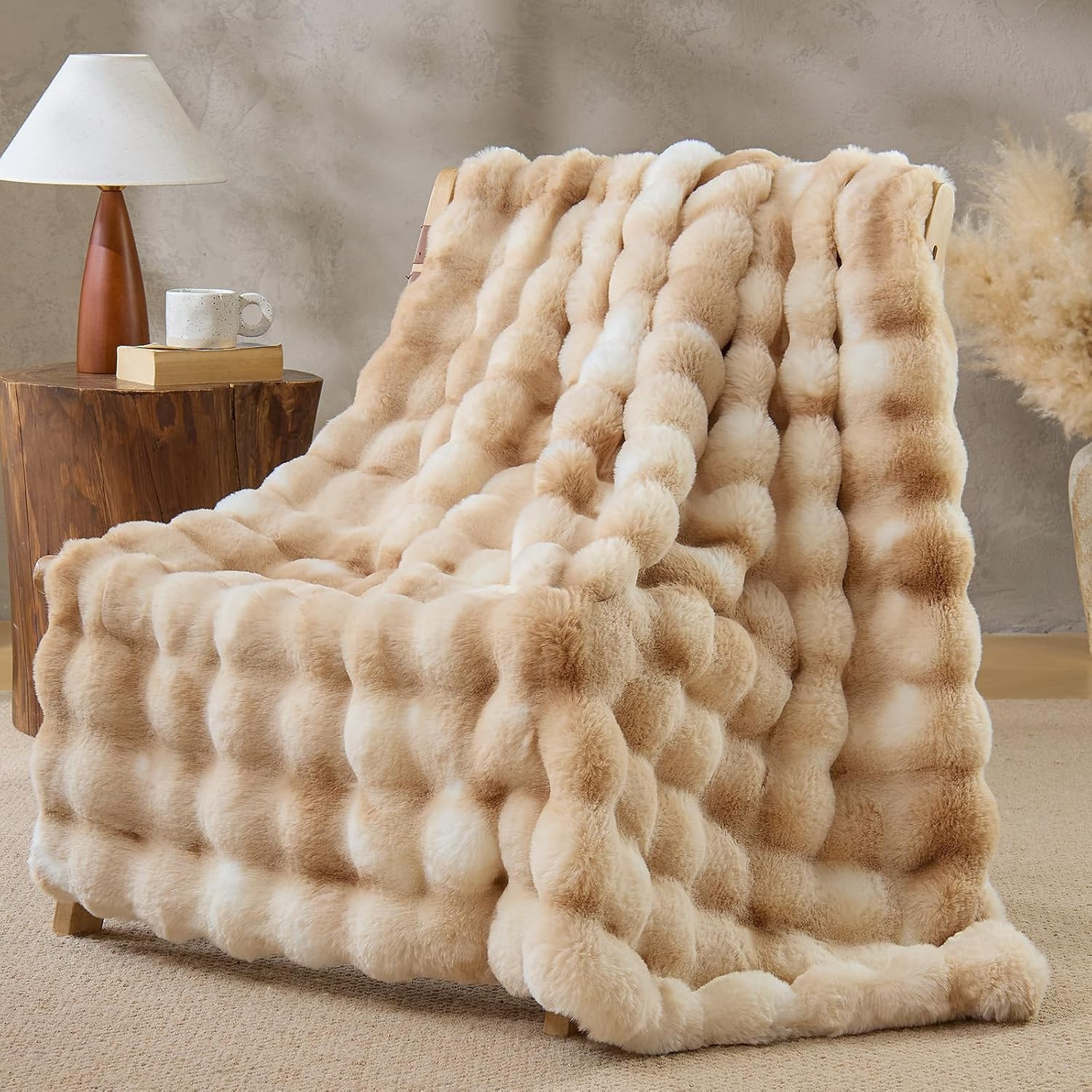 BEDELITE Faux Fur Throw Bubble Blanket for Couch, 50" x 60", Tie-Dye Khaki | Amazon (US)