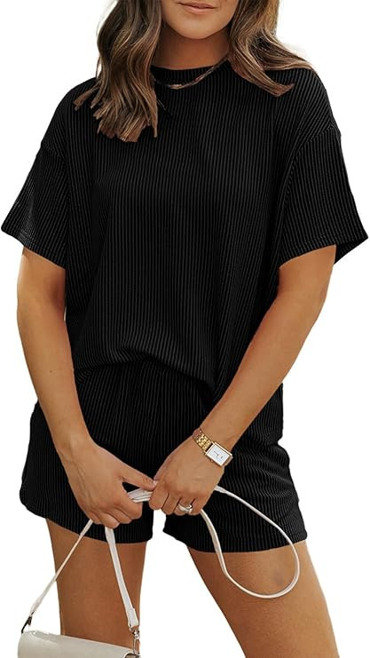 MARZXIN Women 2 Piece Shorts Set 2026 Casual Summer Cruise Outfits Ribbed Loose Short Sleeve Pock... | Amazon (US)
