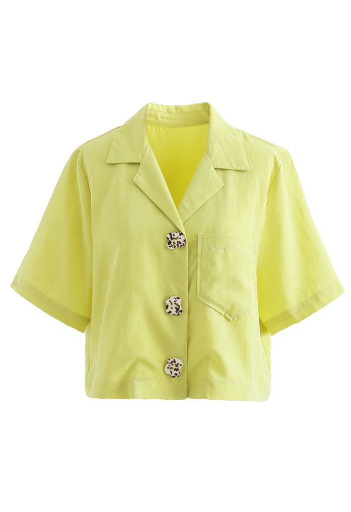 Notch Lapel Pocket Buttoned Crop Shirt in Yellow | Chicwish