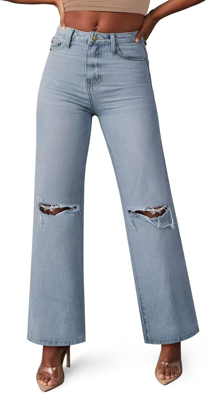 KDF Straight Leg Jeans for Women High Waisted Jeans Frayed Baggy Pants Raw Hem Loose Stretchy Cro... | Amazon (US)