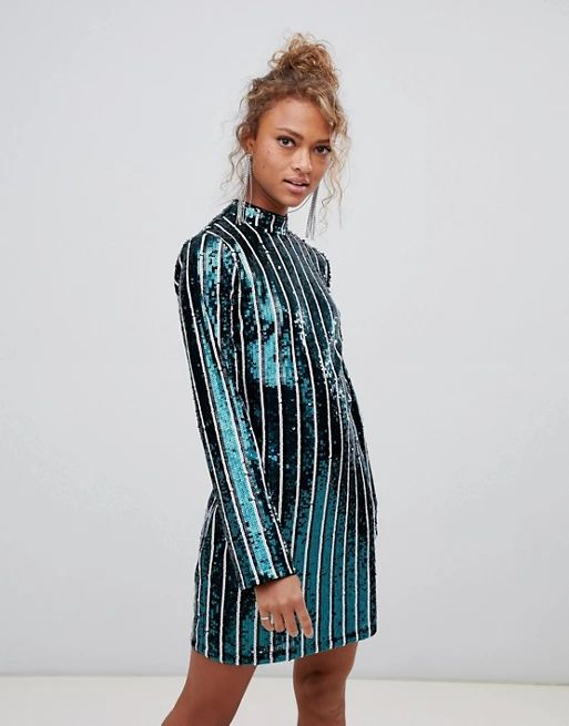 New Look sequin mini dress with high neck in stripe | ASOS US