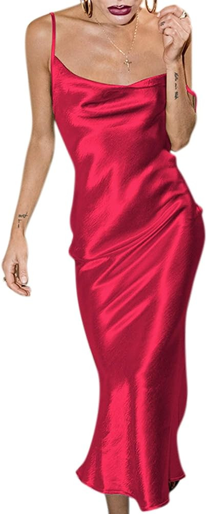Women's Satin Bodycon Sexy Elegant Spaghetti Strap Backless Long Midi Fishtail Dress for Evening Coc | Amazon (US)