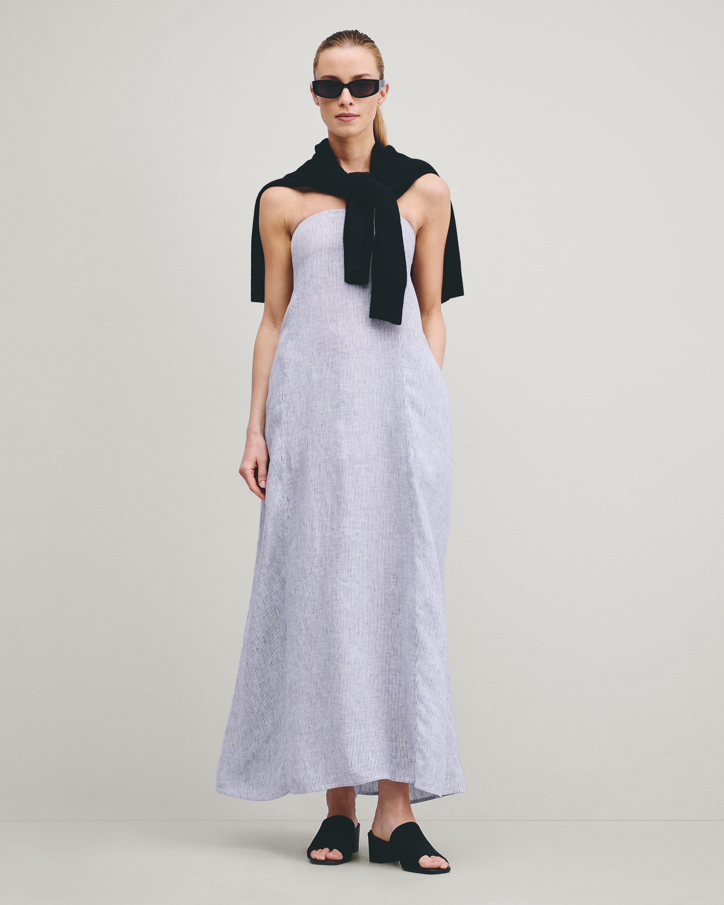 Quince | Women's 100% European Linen Strapless Maxi Dress in Blue Pinstripe, Size Small | Quince