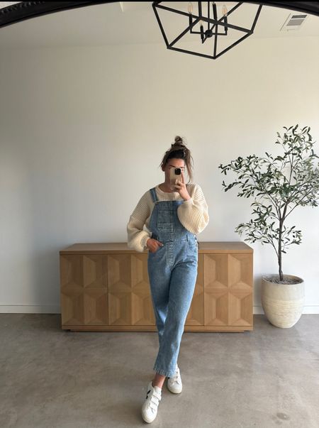 Size down one in overalls! Medium in sweater for oversized fit! Both amazon!
