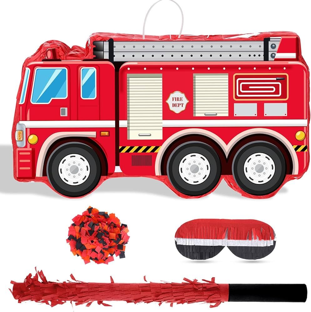 Fire Truck Pinata with Hanging Loop Blindfold Bat and Confetti Filler for Kids Boys Firefighter F... | Amazon (US)