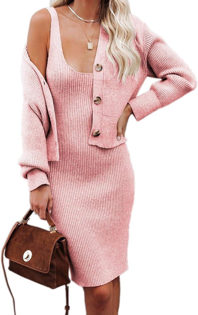 Womens Sexy Sleeveless Scoop Neck Bodycon Dress and Sweater Cardigan Ribbed Knit 2 Piece Sweater Set | Amazon (US)