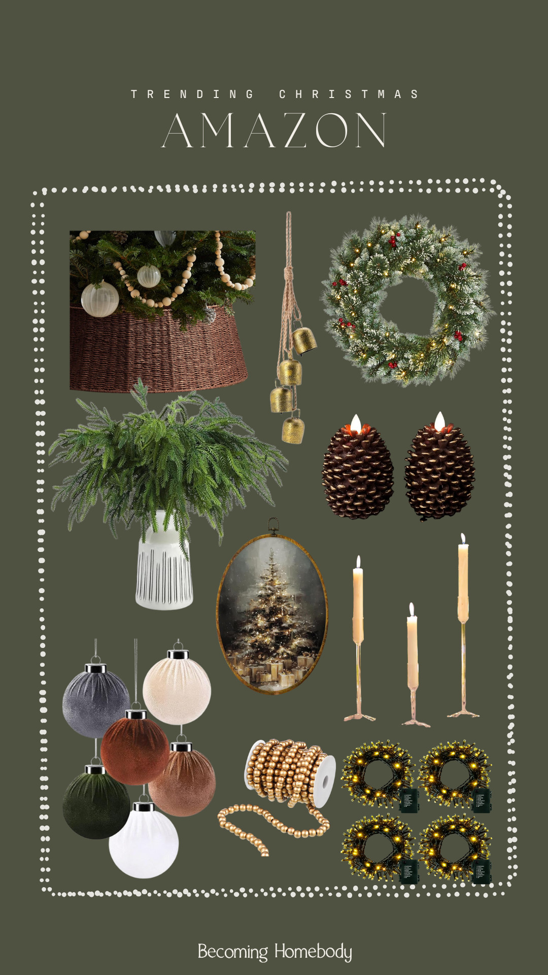 amazon christmas decor, trending holiday decor, christmas 2025 finds, neutral christmas ornaments, velvet ornaments, pinecone candles, cozy holiday home, boho christmas, green and gold christmas, modern farmhouse holiday, christmas wreath, christmas garland, amazon home decor, organic christmas style, rustic christmas decorations 

 #LTKHoliday #LTKSeasonal #LTKHome