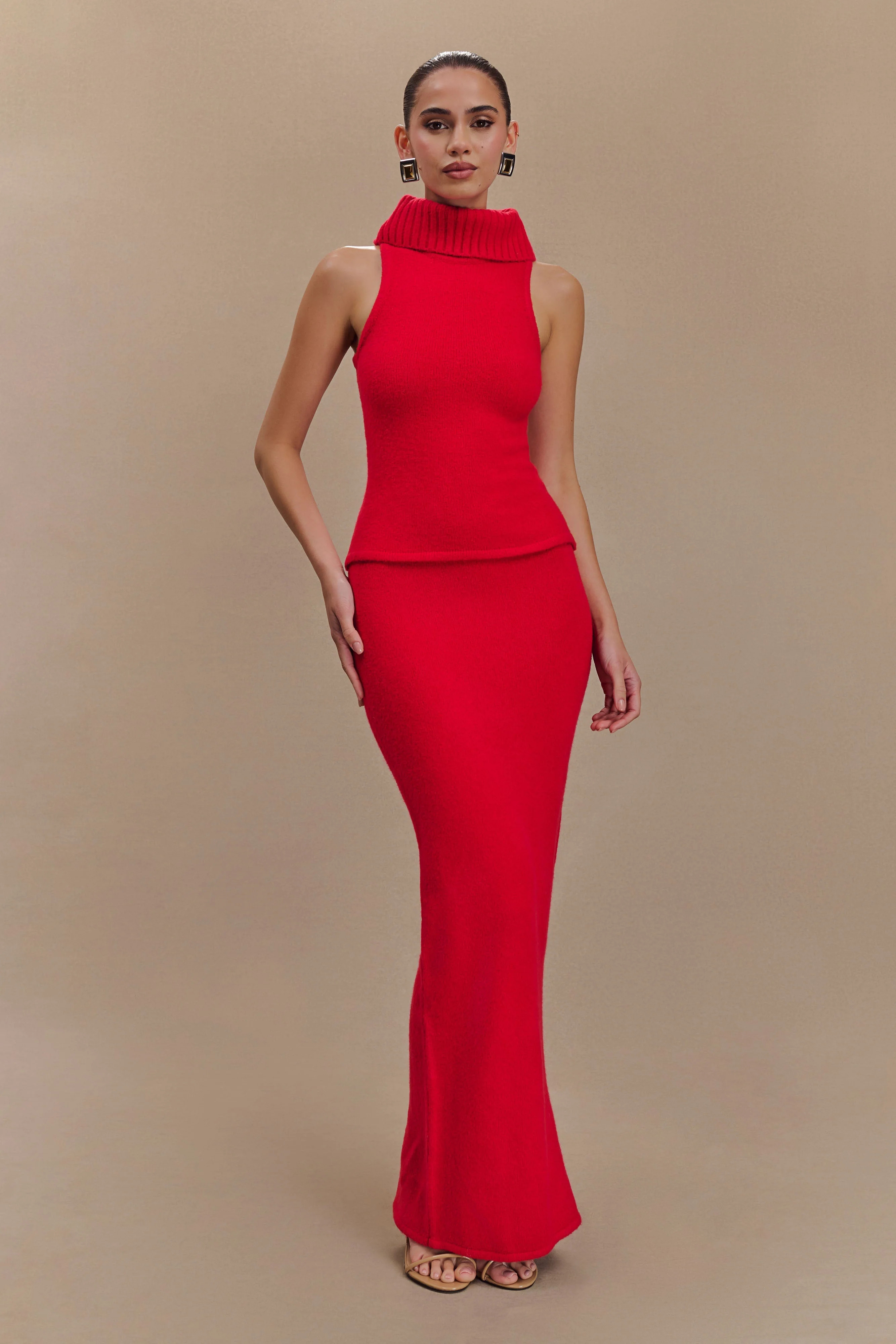 Elise Roll Neck Knit Top - Red | MESHKI US