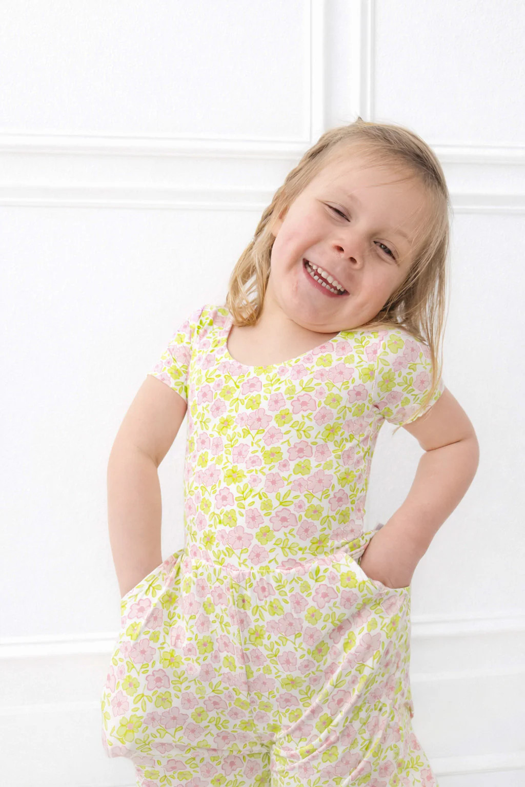 Pink and Green Floral Short Romper | Poppy Kids Co