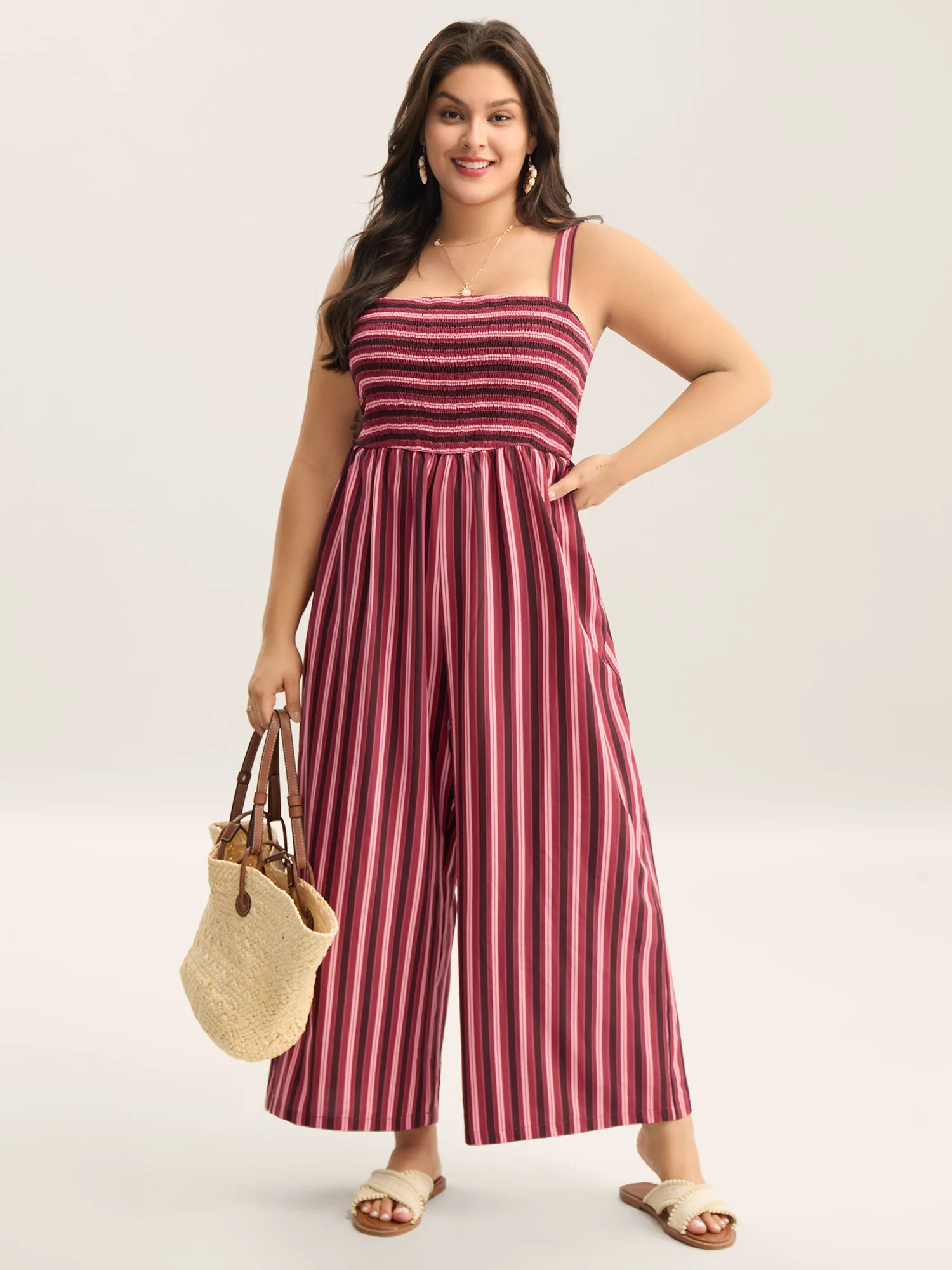 Shirred Stripes Adjustable Pockets Jumpsuit | Bloomchic