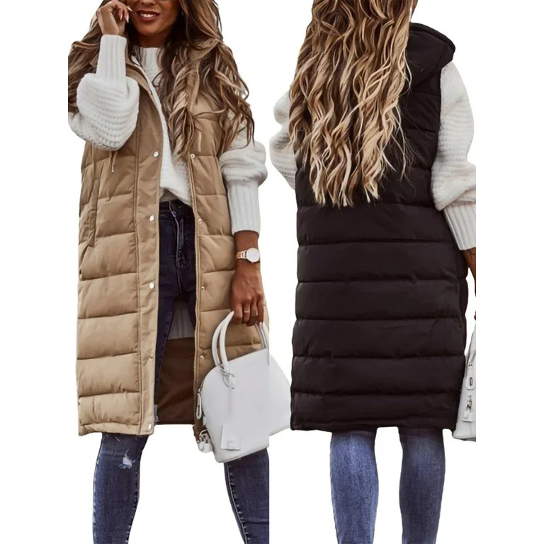 Women Warm Keeping Long Gilet Solid Colour Sleeveless Zipper Puffer Jacket Hooded Waistcoat Midi ... | Walmart (US)