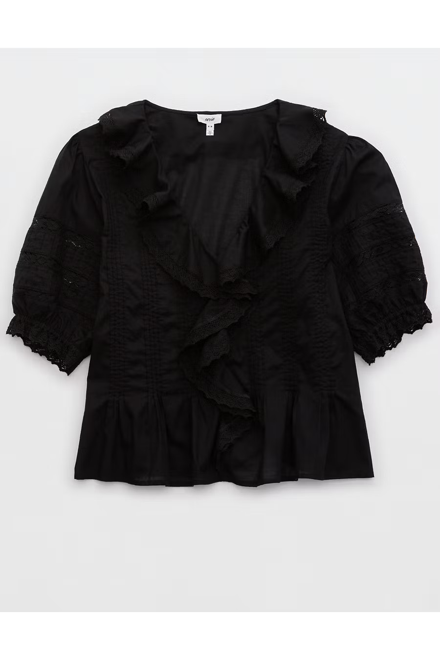 Aerie Short Sleeve Ruffle Blouse Women's True Black L | American Eagle Outfitters (US & CA)