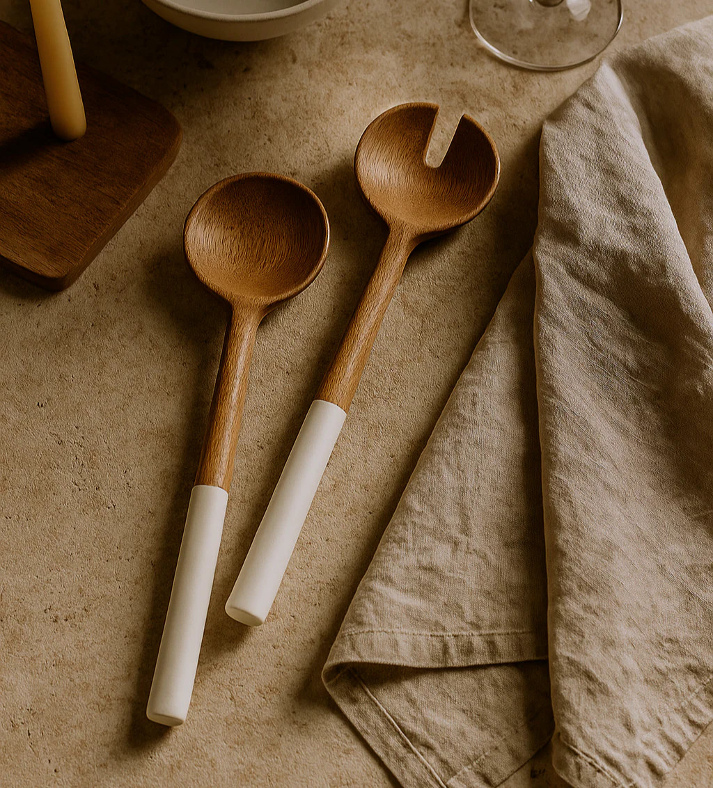 Palmer Wood + White Salad Servers, Set of 2 | Pepper + Vetiver
