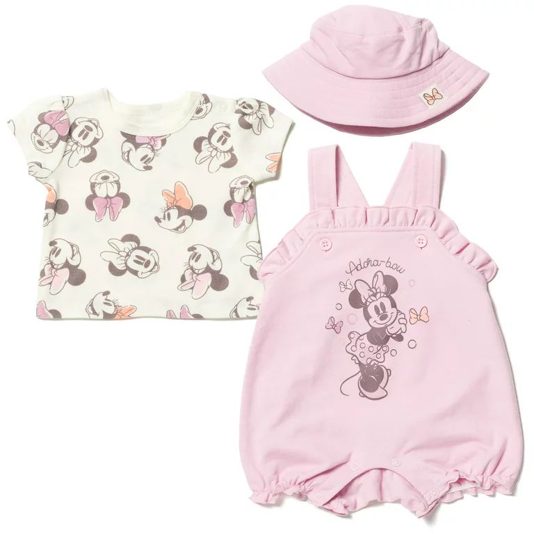 Disney Minnie Mouse Newborn Baby Girls French Terry Short Overalls T-Shirt and Hat 3 Piece Outfit... | Walmart (US)