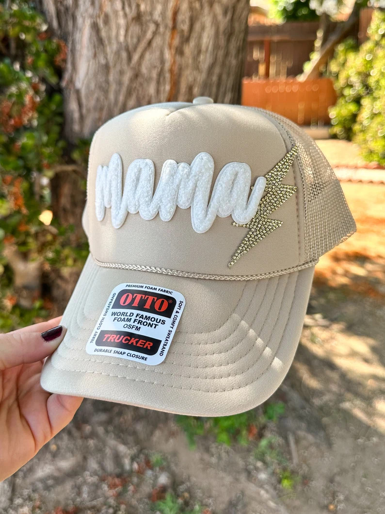 Mama Patch Trucker Hat With Gold Bling Lightening Bolt Beige Otto Trucker Hat for Women Mama Acce... | Etsy (US)