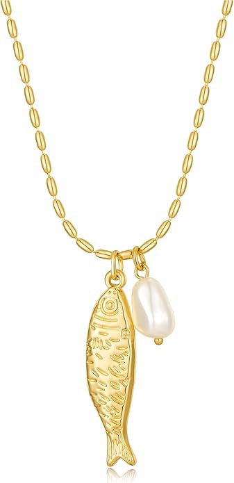 Fish Pendant Necklace for Women 14k Gold Plated Ball Chain Bohemian Pearl Fish Charm Pendant Neck... | Amazon (US)