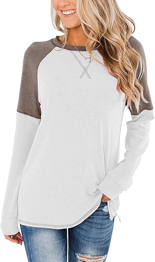 Magritta Women's Casual Color Block Tops Crew Neck Sweater Long Sleeve Tunic Loose Blouses | Amazon (US)