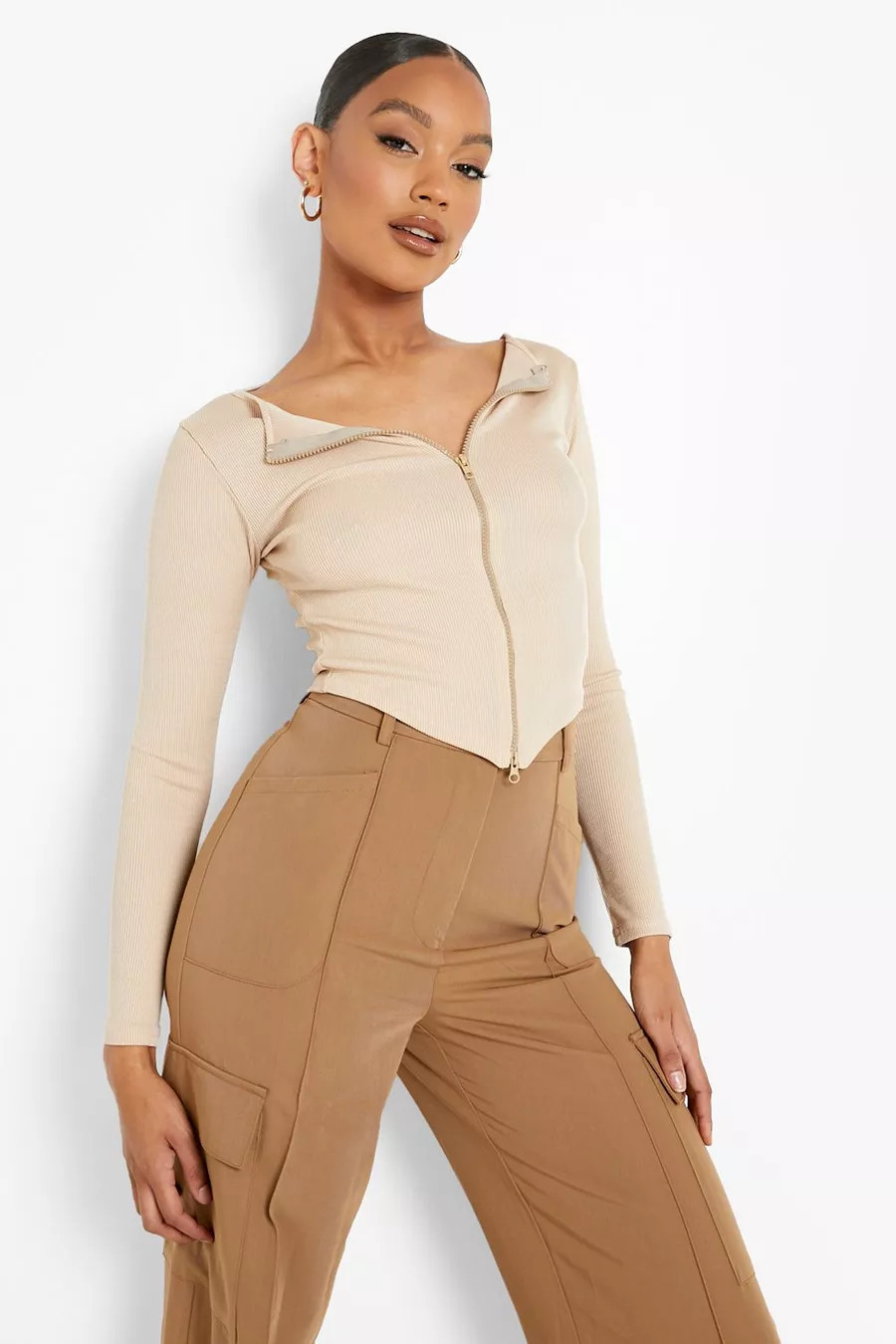 Zip Front Long Sleeve Ribbed Top | Boohoo.com (US & CA)