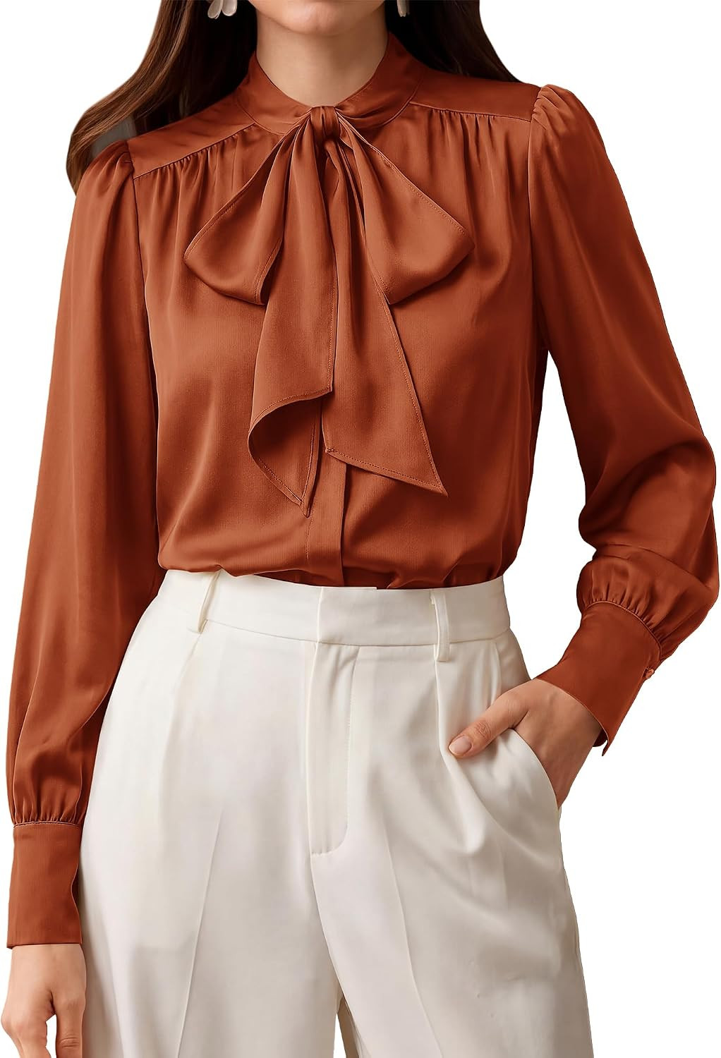 BTFBM Women Satin Blouses Bow Tie Work Business Casual Tops | Amazon (US)